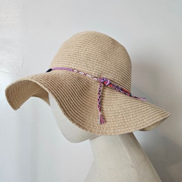 Maurices Boho Floppy Sun Had Tan‎ Beige Natural Coral Purple Wrap - Picture 1 of 9